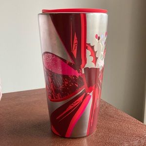 Starbucks 12oz ceramic mug w/ lid - holiday bow